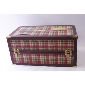 1960s Vintage Red Plaid Trunk, Metal with Brass Hardware, 16 x 8 x 9 FLAWED